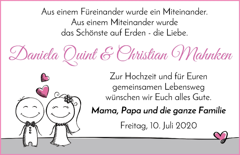 Hochzeitsanzeige von Daniela Quint von Wuemme Zeitung
