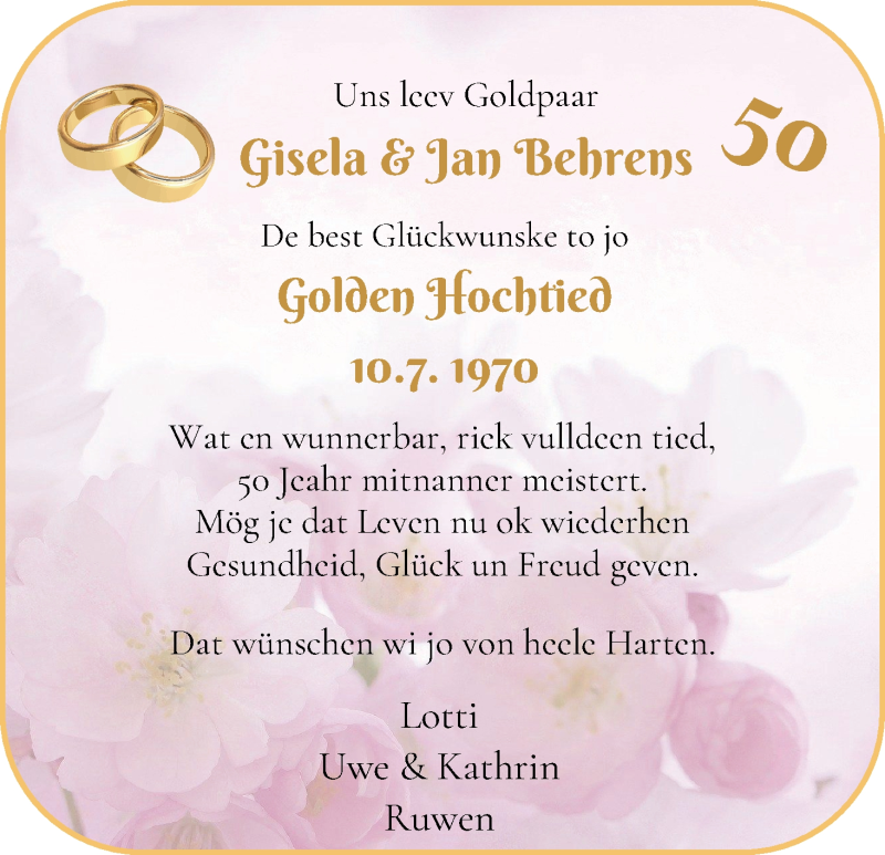 Hochzeitsanzeige von Gisela Behrens von Osterholzer Kreisblatt