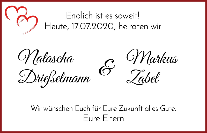 Hochzeitsanzeige von Natascha Drießelmann von Die Norddeutsche