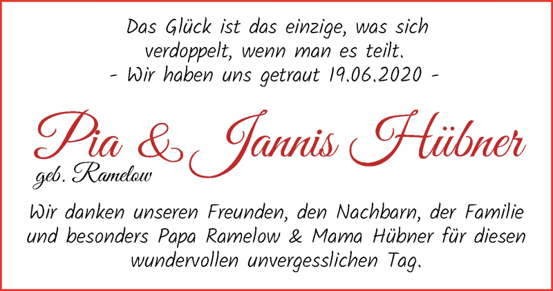 Hochzeitsanzeige von Pia Hübner von WESER-KURIER