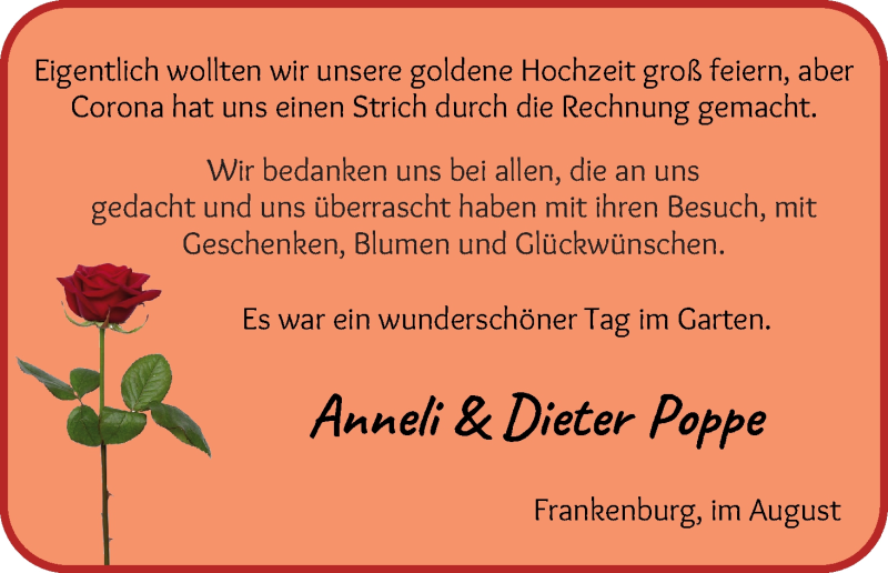 Hochzeitsanzeige von Anneli Poppe von Wuemme Zeitung