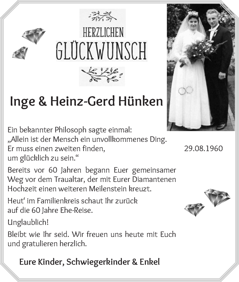 Hochzeitsanzeige von Inge Hünken von Osterholzer Kreisblatt