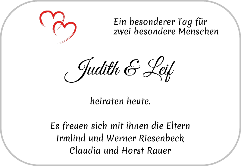 Hochzeitsanzeige von Judith  von WESER-KURIER