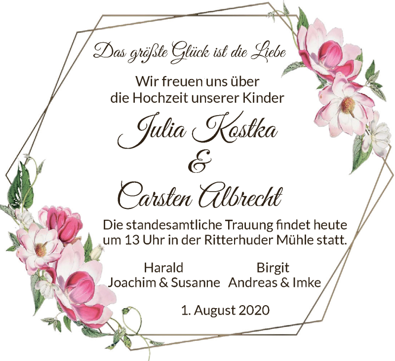 Hochzeitsanzeige von Julia Kostka von Osterholzer Kreisblatt