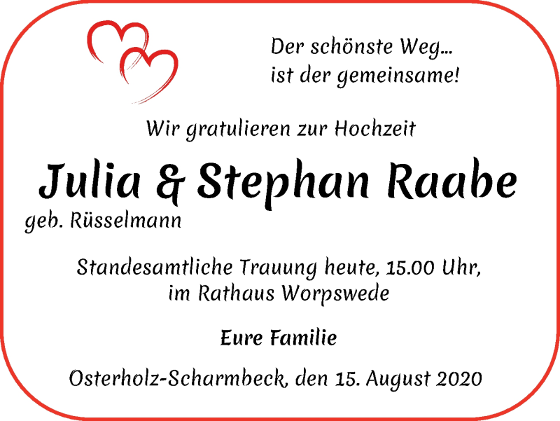 Hochzeitsanzeige von Julia Rüsselmann von Osterholzer Kreisblatt