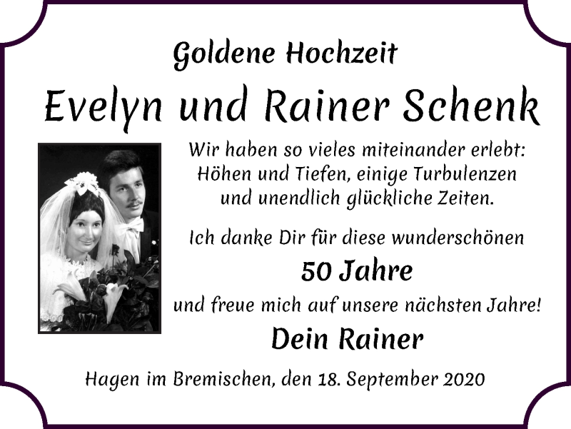 Hochzeitsanzeige von Evelyn Schenk von WESER-KURIER