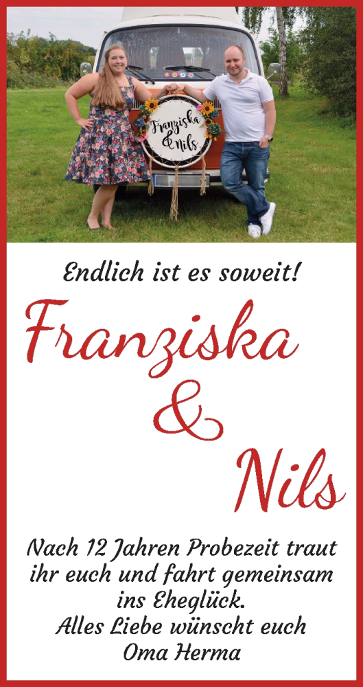 Hochzeitsanzeige von Franziska  von WESER-KURIER