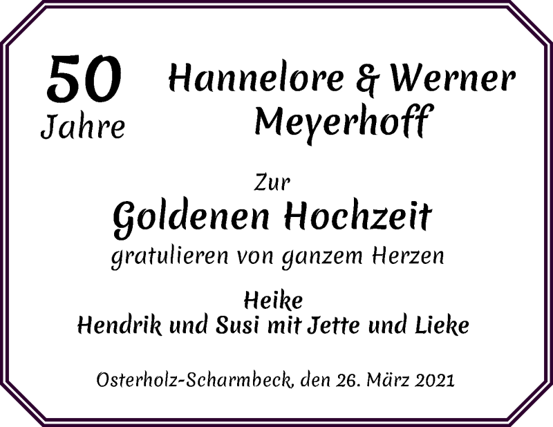 Hochzeitsanzeige von Hannelore Meyerhoff von Osterholzer Kreisblatt