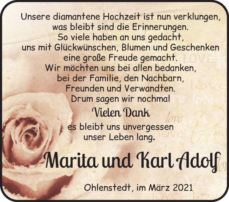 Hochzeitsanzeige von Marita Adolf von Osterholzer Kreisblatt