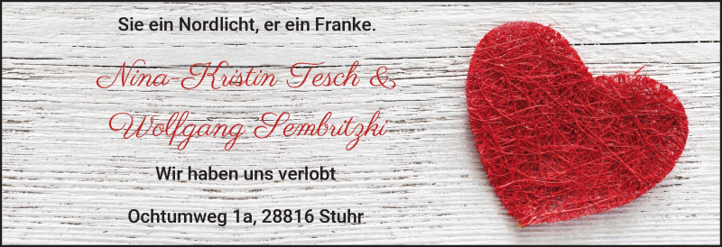 Hochzeitsanzeige von Nina-Kristin Tesch von WESER-KURIER