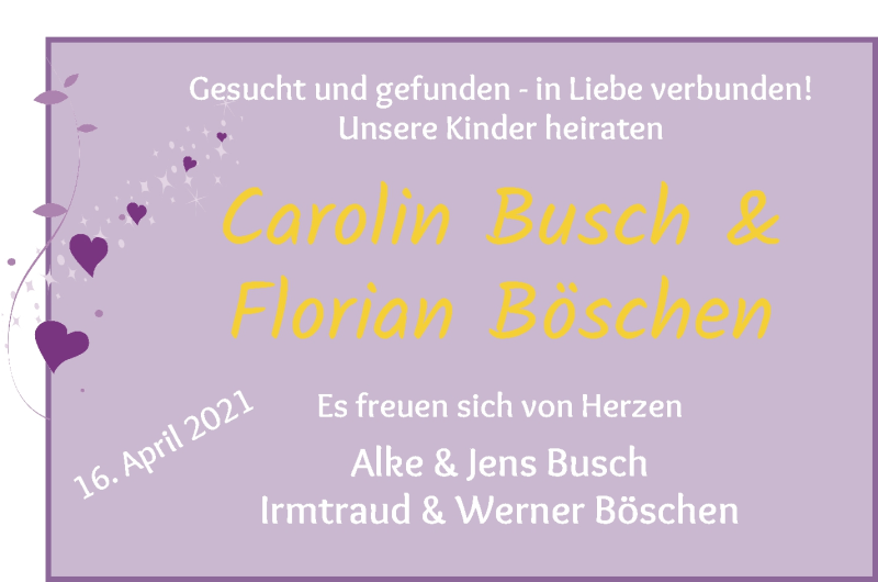 Hochzeitsanzeige von Carolin Busch von Wuemme Zeitung