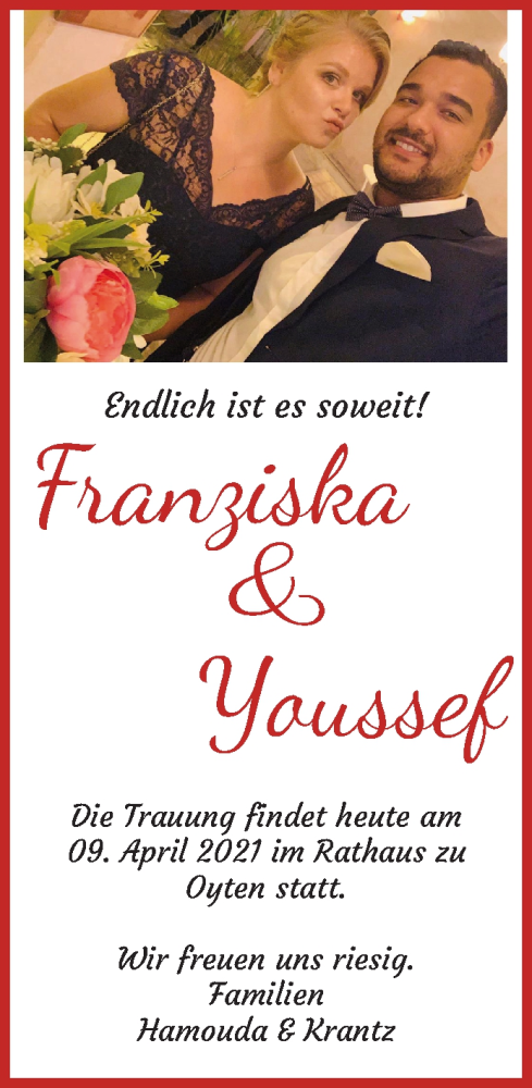 Hochzeitsanzeige von Franziska Krantz-Hamouda von WESER-KURIER