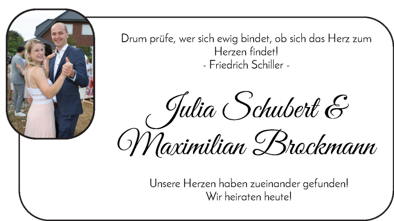 Hochzeitsanzeige von Julia Schubert von Die Norddeutsche