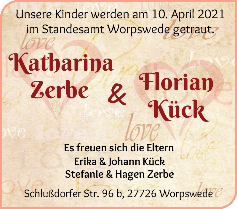 Hochzeitsanzeige von Katharina Zerbe von Wuemme Zeitung
