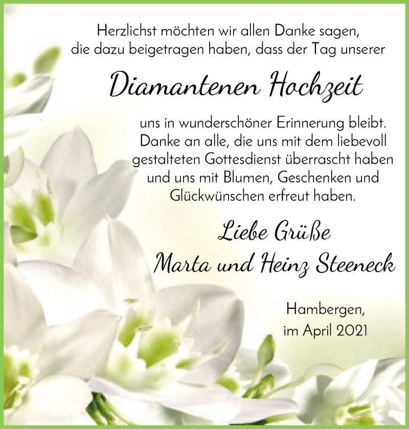Hochzeitsanzeige von Marta Steeneck von Osterholzer Kreisblatt
