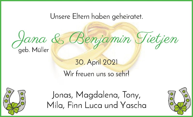 Hochzeitsanzeige von Jana Tietjen von Osterholzer Kreisblatt