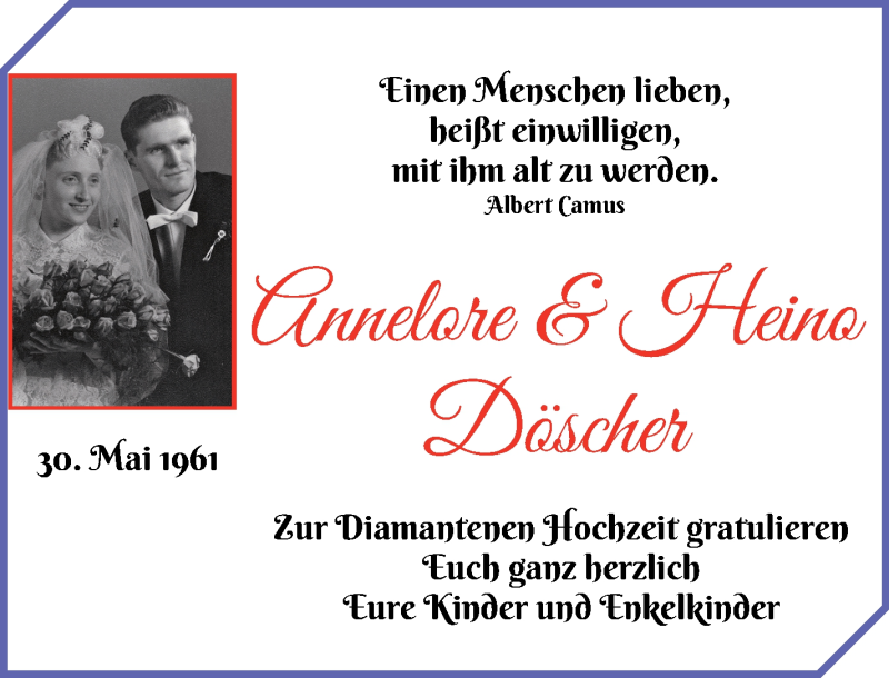 Hochzeitsanzeige von Annelore Döscher von Die Norddeutsche