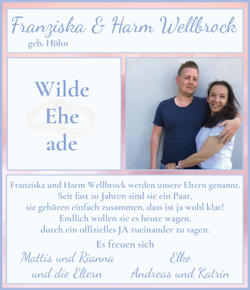Hochzeitsanzeige von Franziska Wellbrock von Osterholzer Kreisblatt
