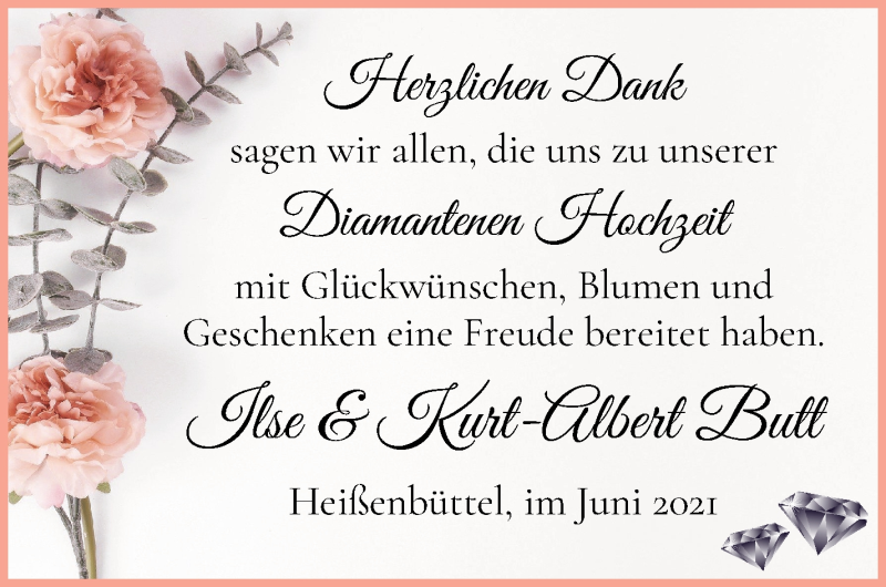 Hochzeitsanzeige von Ilse Butt von Osterholzer Kreisblatt