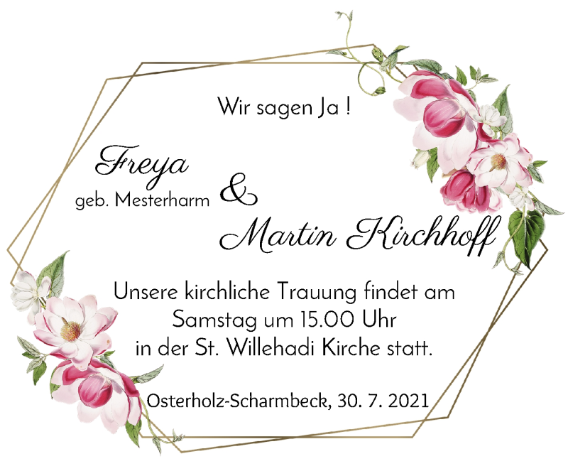 Hochzeitsanzeige von Freya Kirchhoff von Osterholzer Kreisblatt