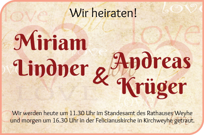 Hochzeitsanzeige von Miriam Lindner von Regionale Rundschau/Syker Kurier