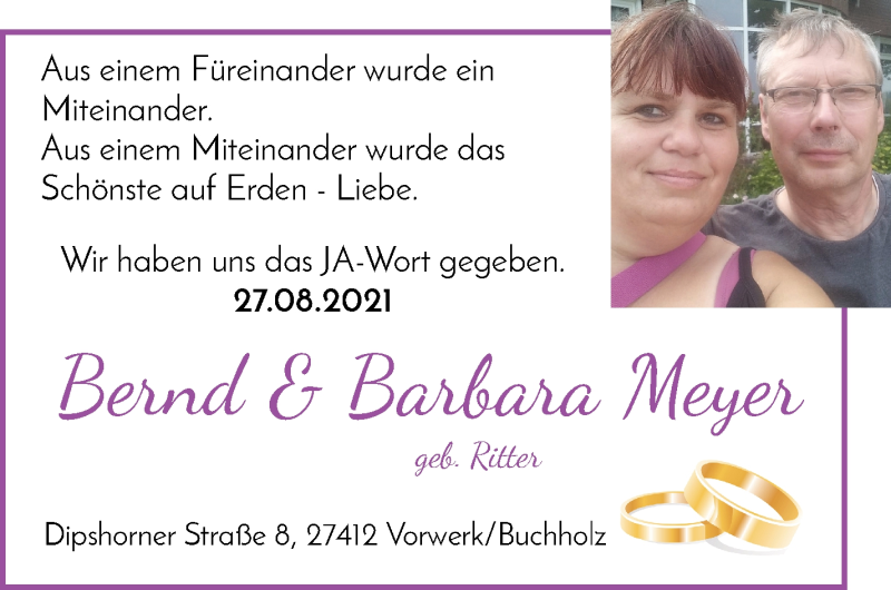 Hochzeitsanzeige von Bernd Meyer von Wuemme Zeitung