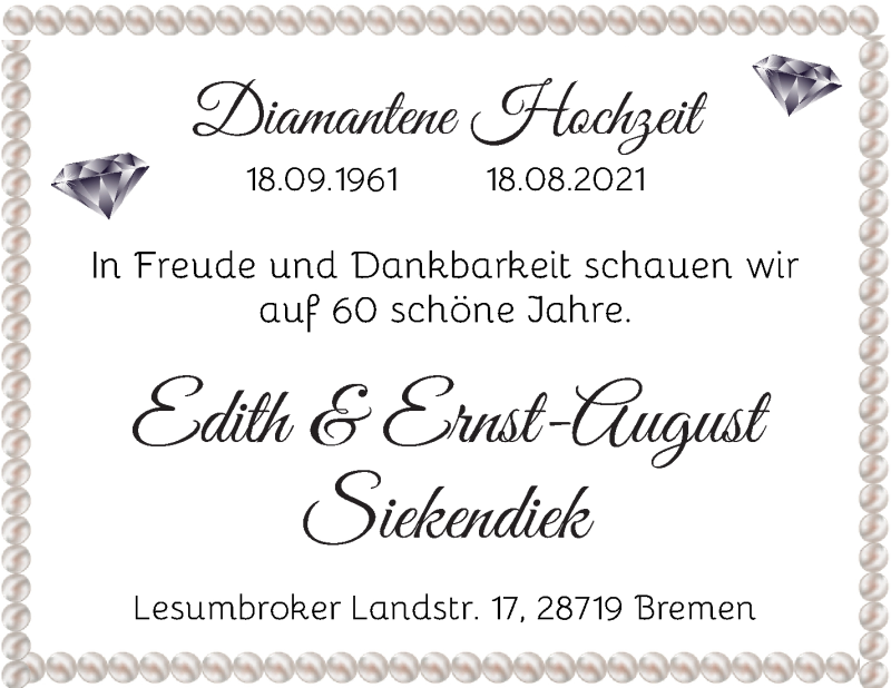 Hochzeitsanzeige von Edith Siekendiek von Osterholzer Kreisblatt