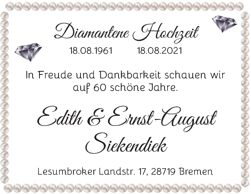 Hochzeitsanzeige von Edith Siekendiek von Osterholzer Kreisblatt