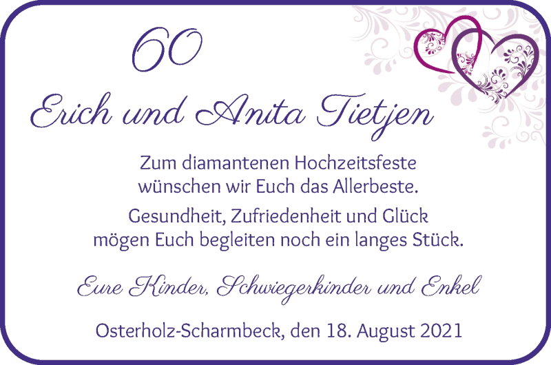 Hochzeitsanzeige von Erich Tietjen von Osterholzer Kreisblatt