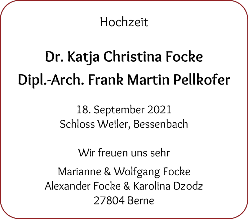 Hochzeitsanzeige von Katja Christina Focke von Die Norddeutsche