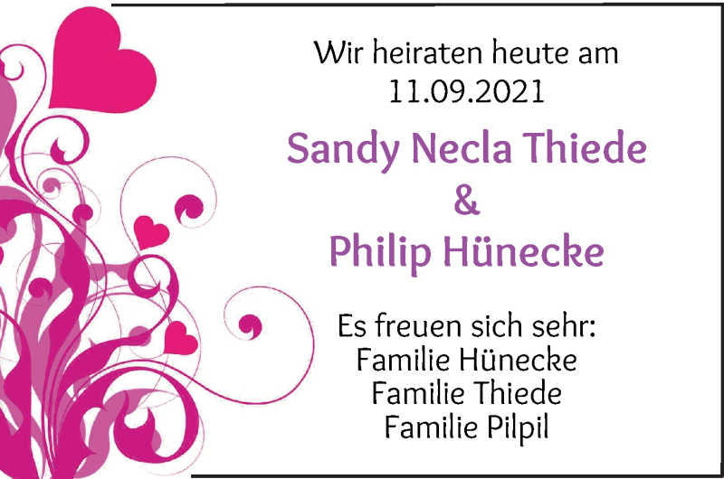 Hochzeitsanzeige von Sandy Necla Thiede von WESER-KURIER