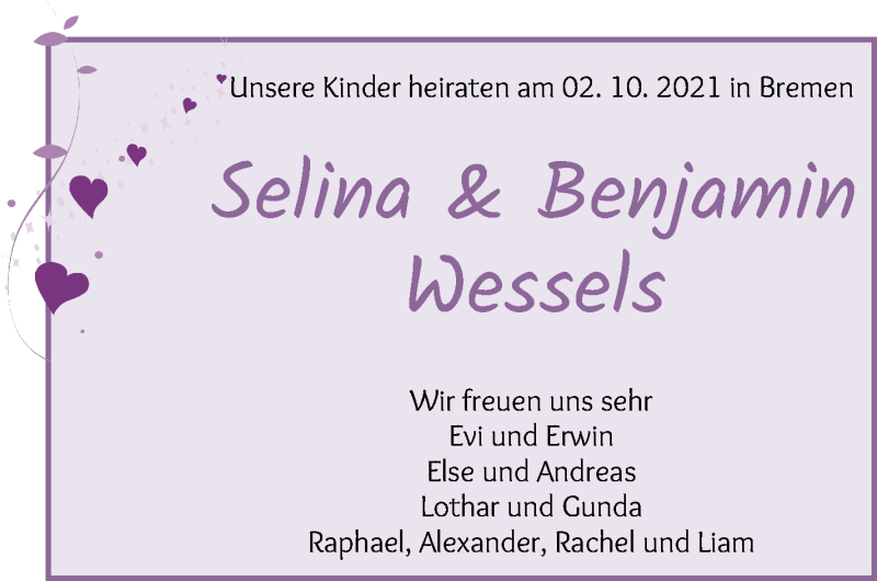 Hochzeitsanzeige von Selina Wessels von Die Norddeutsche