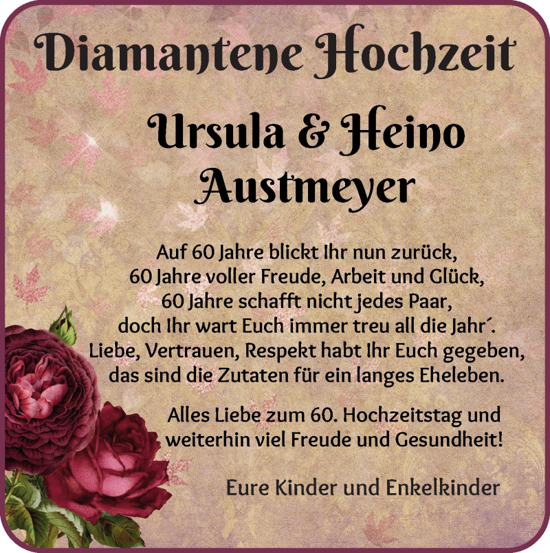 Hochzeitsanzeige von Ursula Austmeyer von Wuemme Zeitung